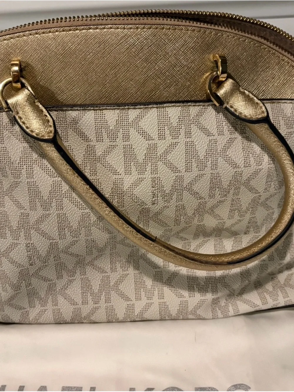 Michael Kors Gold and Cream Logo Dome Satchel